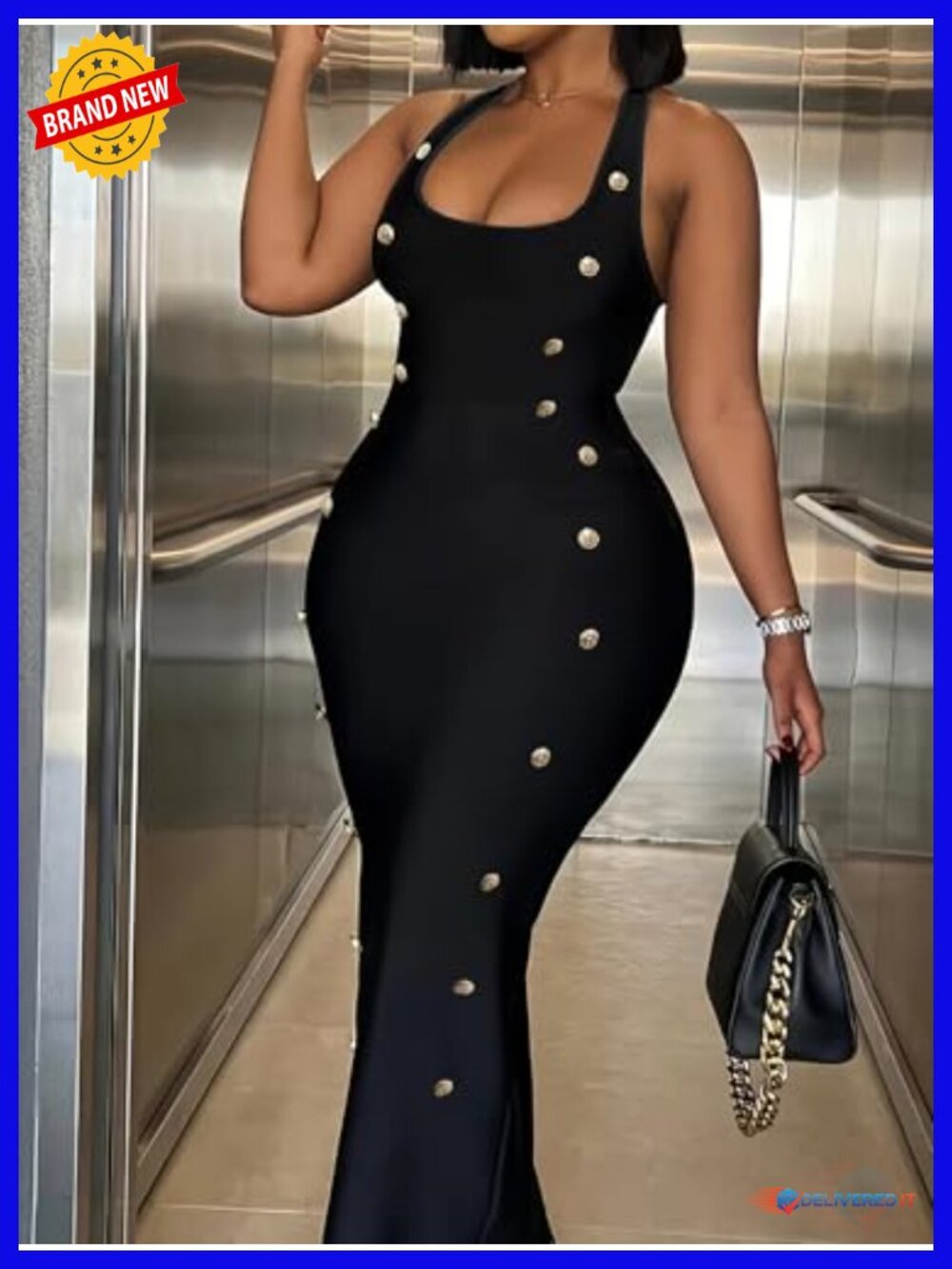 Gold Button Bodycon Maxi Dress Sleeveless Party Club Evening Dress - Picture 3 of 4